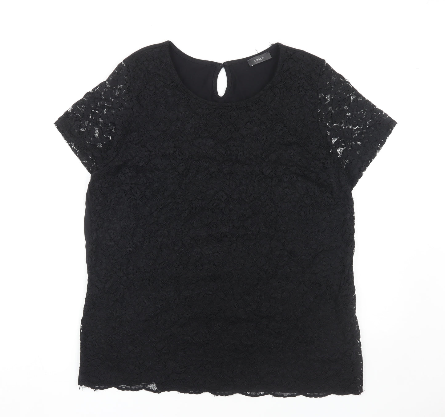 Yessica Women's Black Lace Blouse, Size L, Short Sleeve