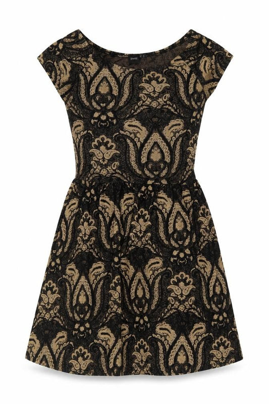 Front view of ASOS Women's Black Beige Paisley A-Line Dress, size 12
