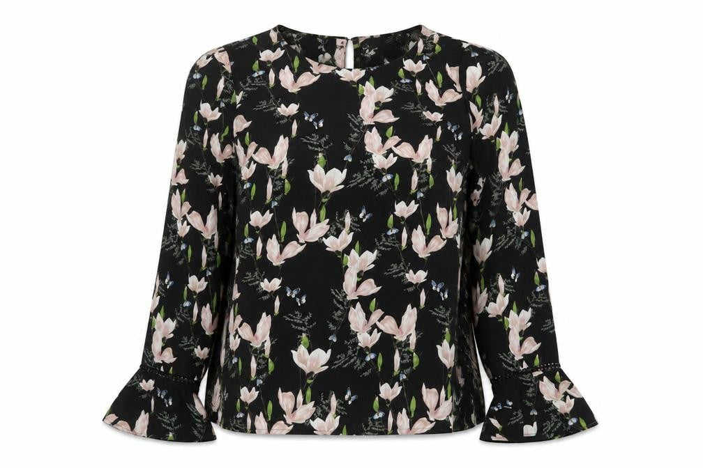 Front view of Oasis Women's Black Floral Blouse, size 10