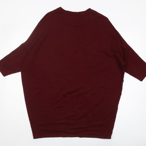 Pull&Bear Women's Red Crew Neck 3/4 Sleeve T-Shirt