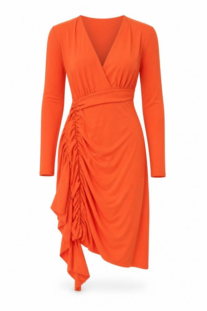 Front view of Ruched & Ready Women’s Orange Wrap Dress S