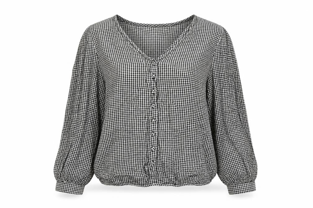 Front view of Warehouse Women's Black Check Blouse, size 12, Long Sleeve