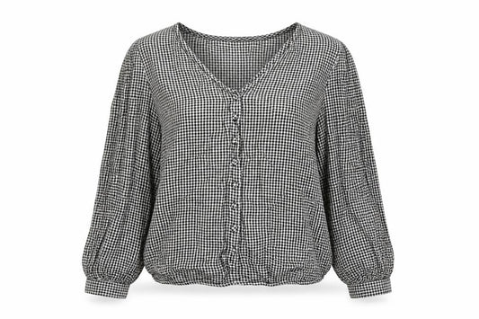 Front view of Warehouse Women's Black Check Blouse, size 12, Long Sleeve