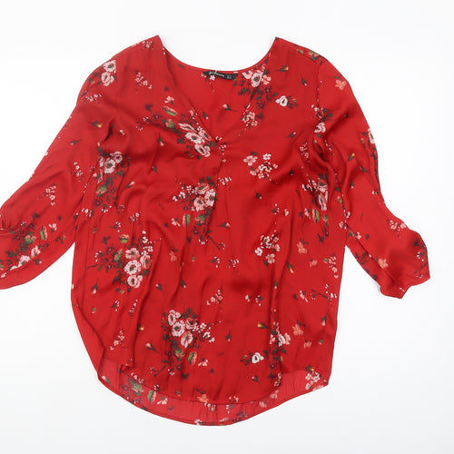 Stradivarius Women's Red Floral Blouse, Size UK 12, V-Neck