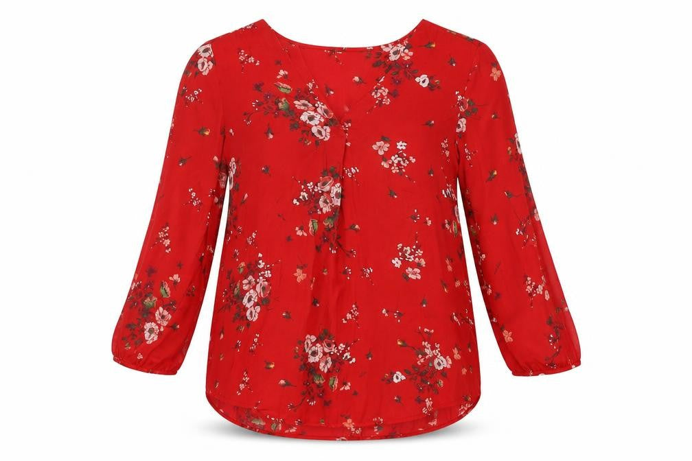 Stradivarius Women's Red Floral Blouse, Size UK 12, V-Neck