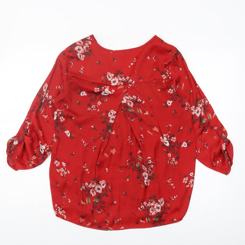 Stradivarius Women's Red Floral Blouse, Size UK 12, V-Neck