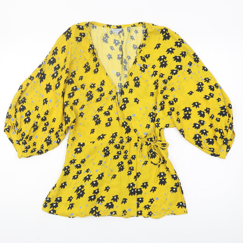 Jigsaw Women's Yellow Floral Wrap Blouse Size 8