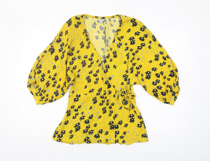 Jigsaw Women's Yellow Floral Wrap Blouse Size 8