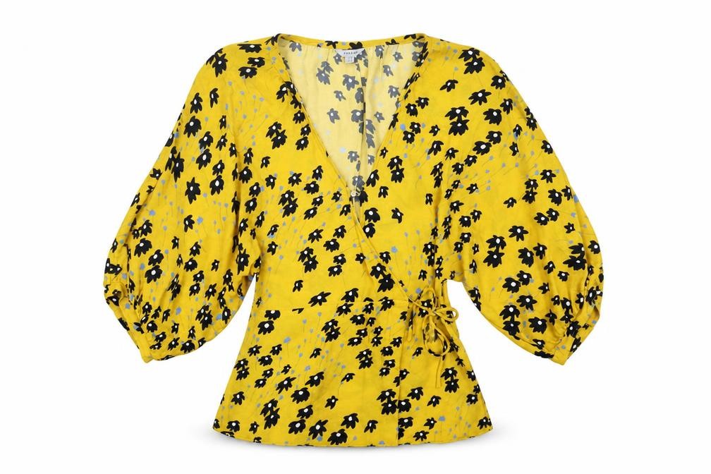 Front view of Jigsaw Women's Yellow Floral Wrap Blouse, size 8