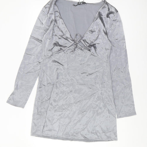 Zara Women's Grey Velvet V-Neck Long Sleeve Dress