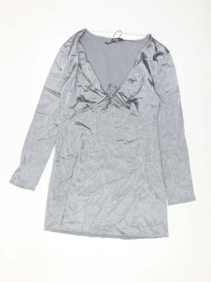 Zara Women's Grey Velvet V-Neck Long Sleeve Dress