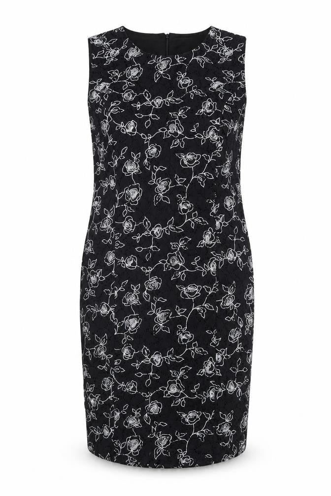 Front view of Anna Rose Women's Black Floral Sheath Dress, size 16
