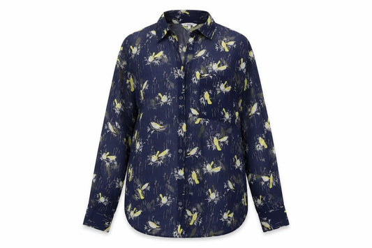 Front view of New Look Women's Blue Bird Print Button-Up Shirt