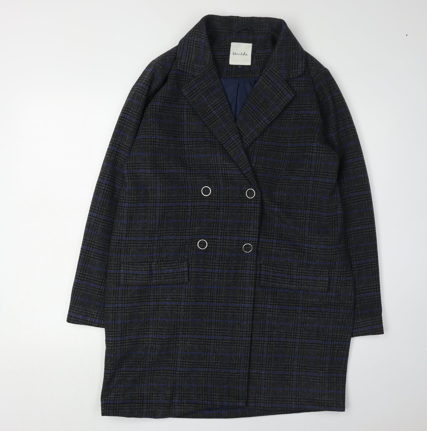 Blendshe Women's Blue Plaid Mid-Length Overcoat, Size S
