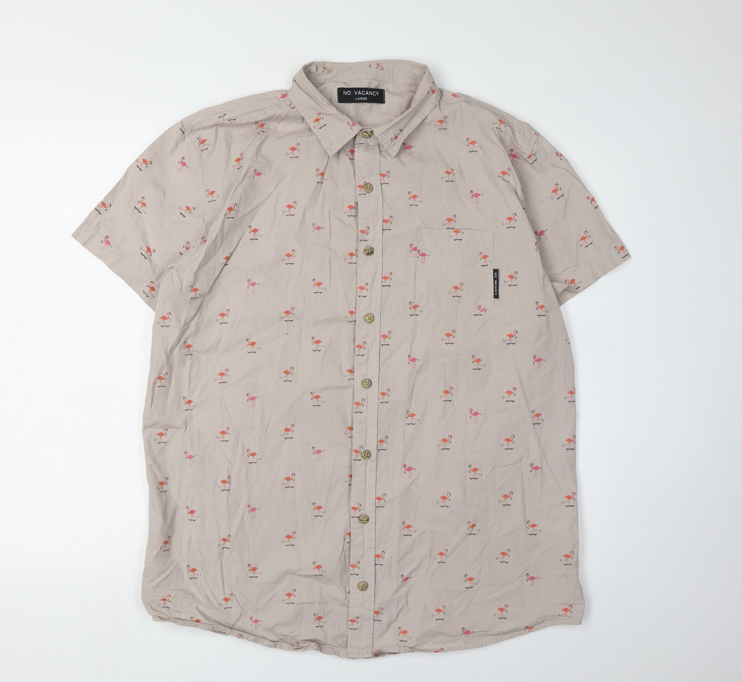 No Vacancy Men's Large Beige Flamingo Shirt