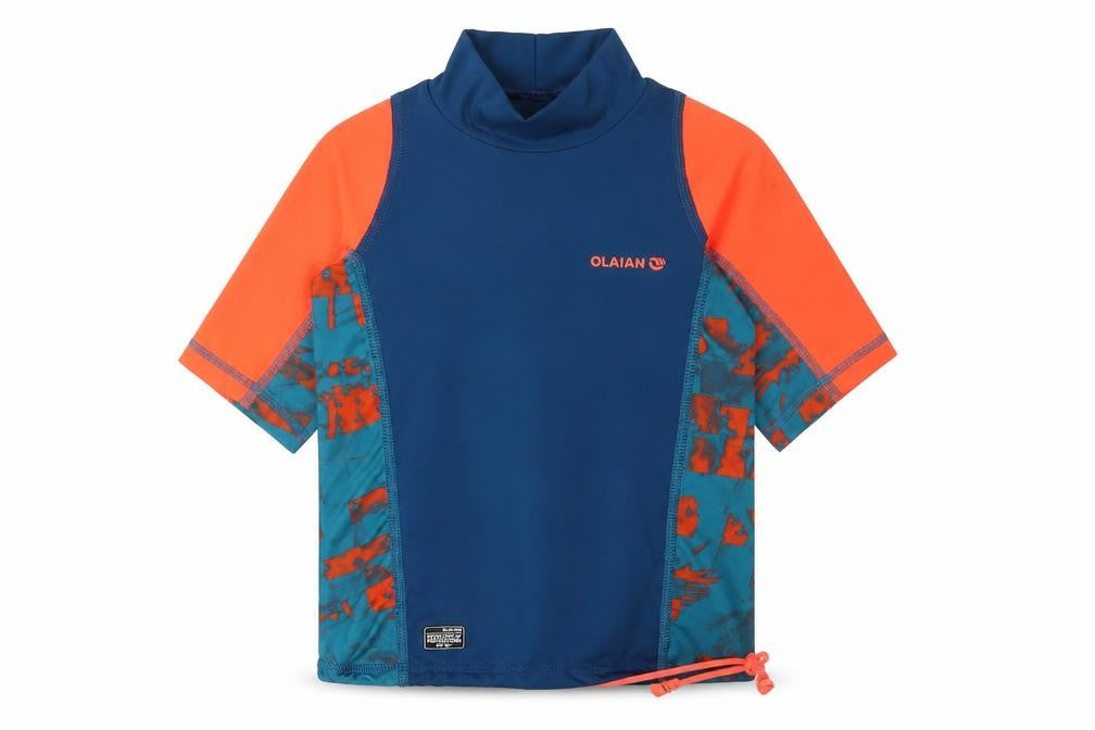 Front view of Decathlon boys’ rash guard blue 6 years uv protection