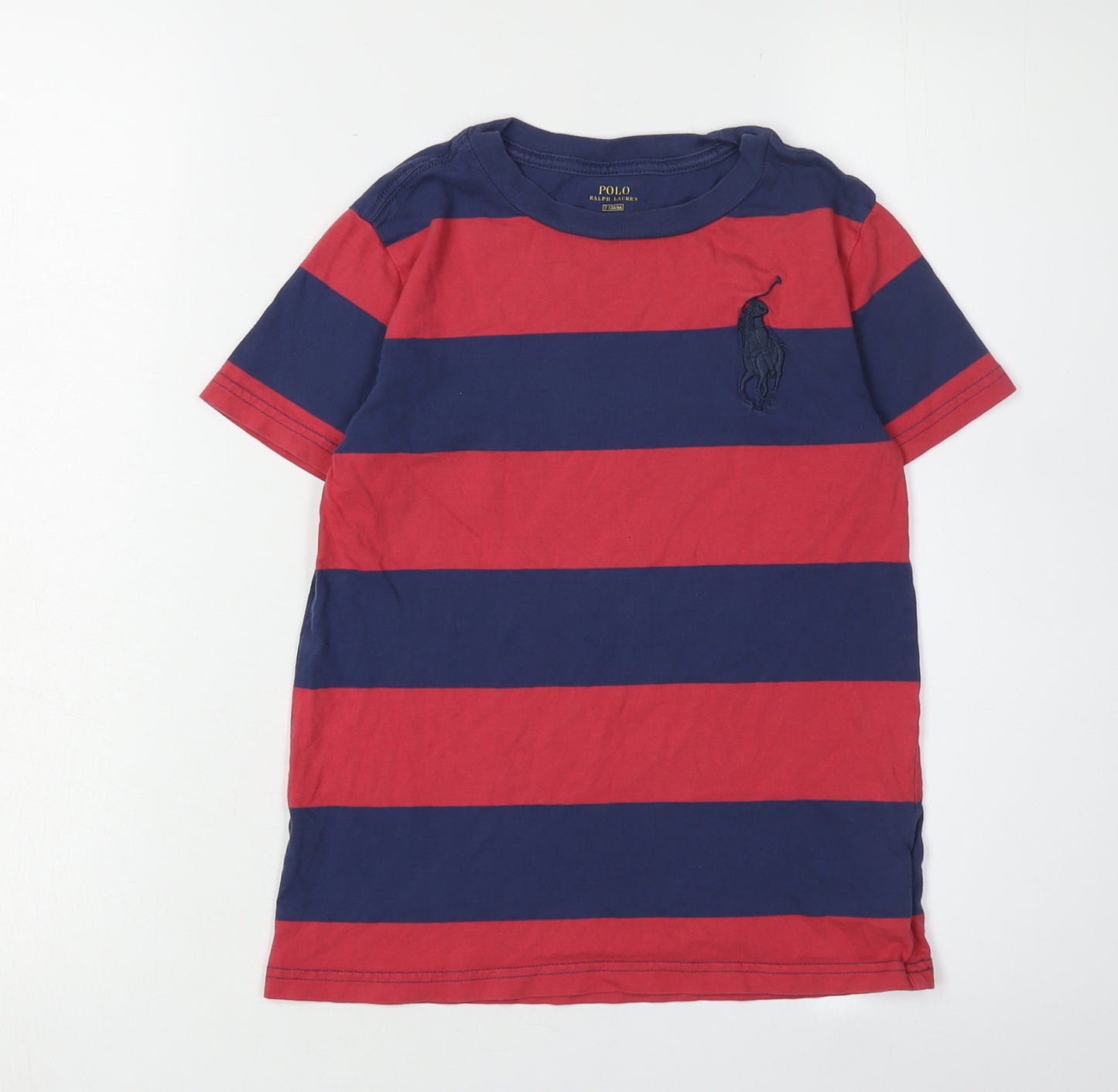 Ralph Lauren Boys Red Blue Striped T-Shirt, Size 7 Years