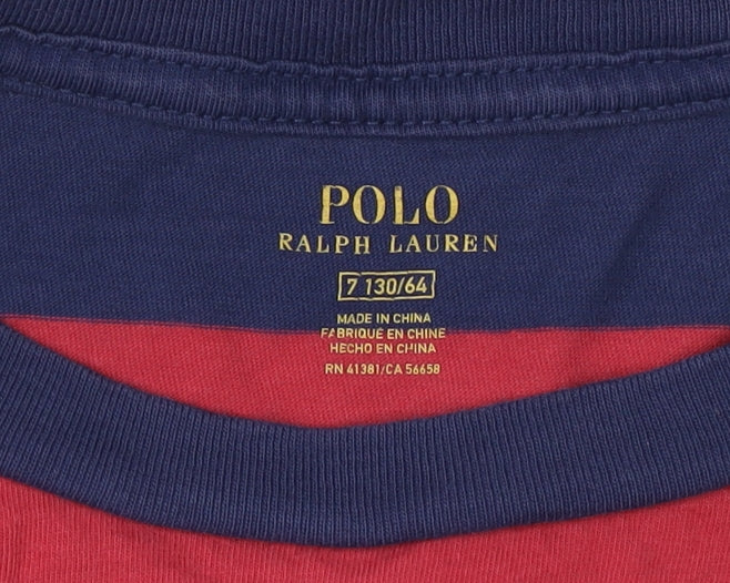 Ralph Lauren Boys Red Blue Striped T-Shirt, Size 7 Years