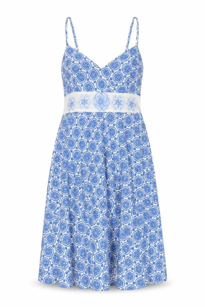 Front view of Pistachio Women's Blue Geometric A-Line Dress S