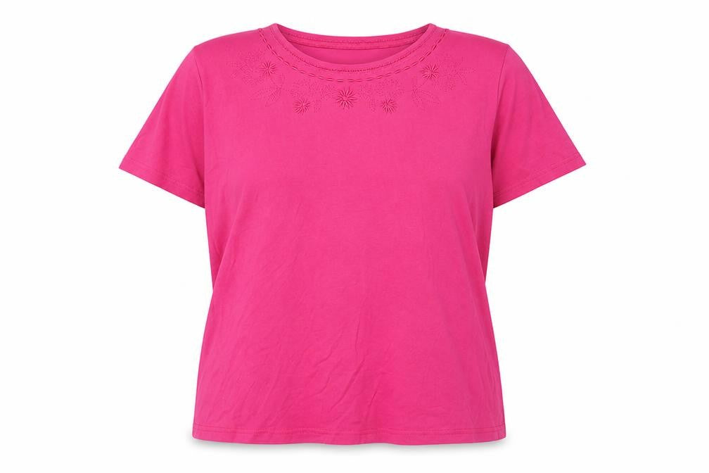 Front view of Honor Millburn Women's Pink Embroidered T-Shirt, L