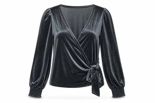 Front view of Next Women's Grey Wrap Velvet Blouse, size 14