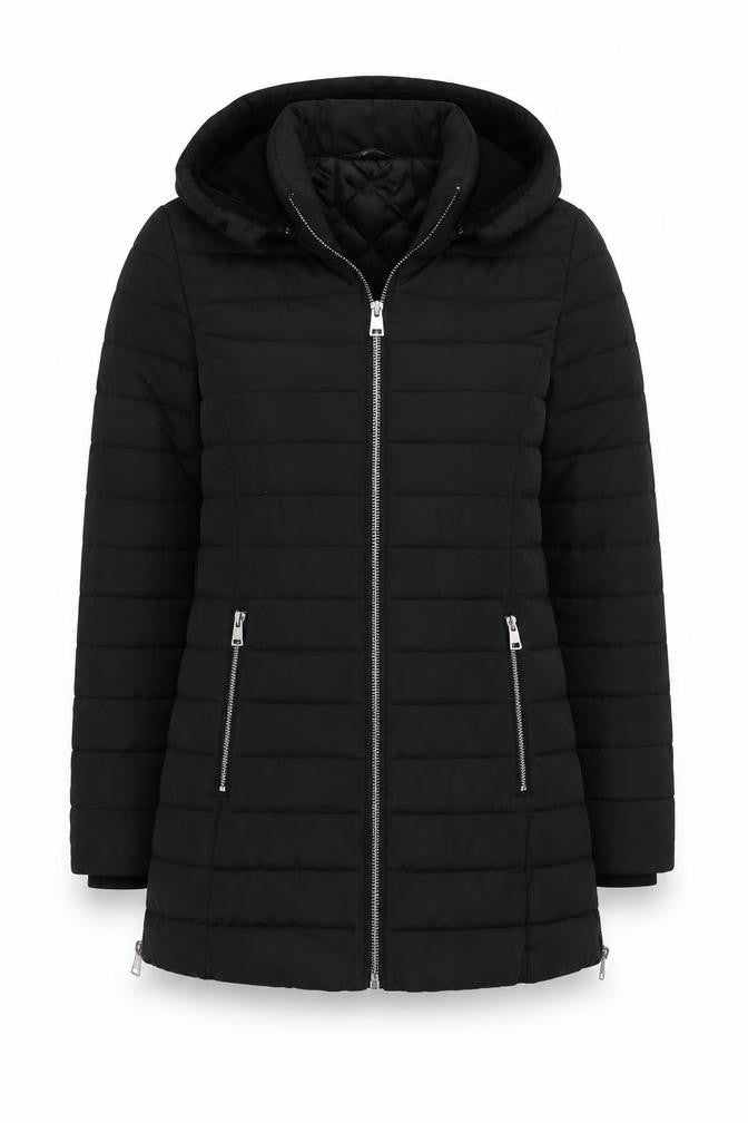Front view of Golddigga Women's Black Puffer Jacket, size 12