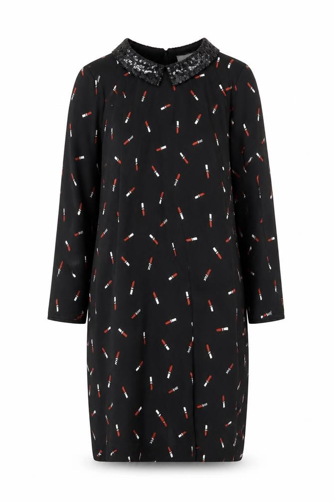 Front view of NAF NAF Women's Black Shift Dress, size 14, Sequin Accent