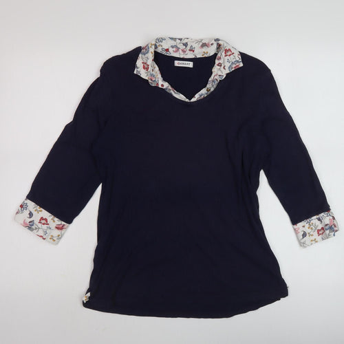 Damart Women's Black Floral Collared Blouse 3/4 Sleeve