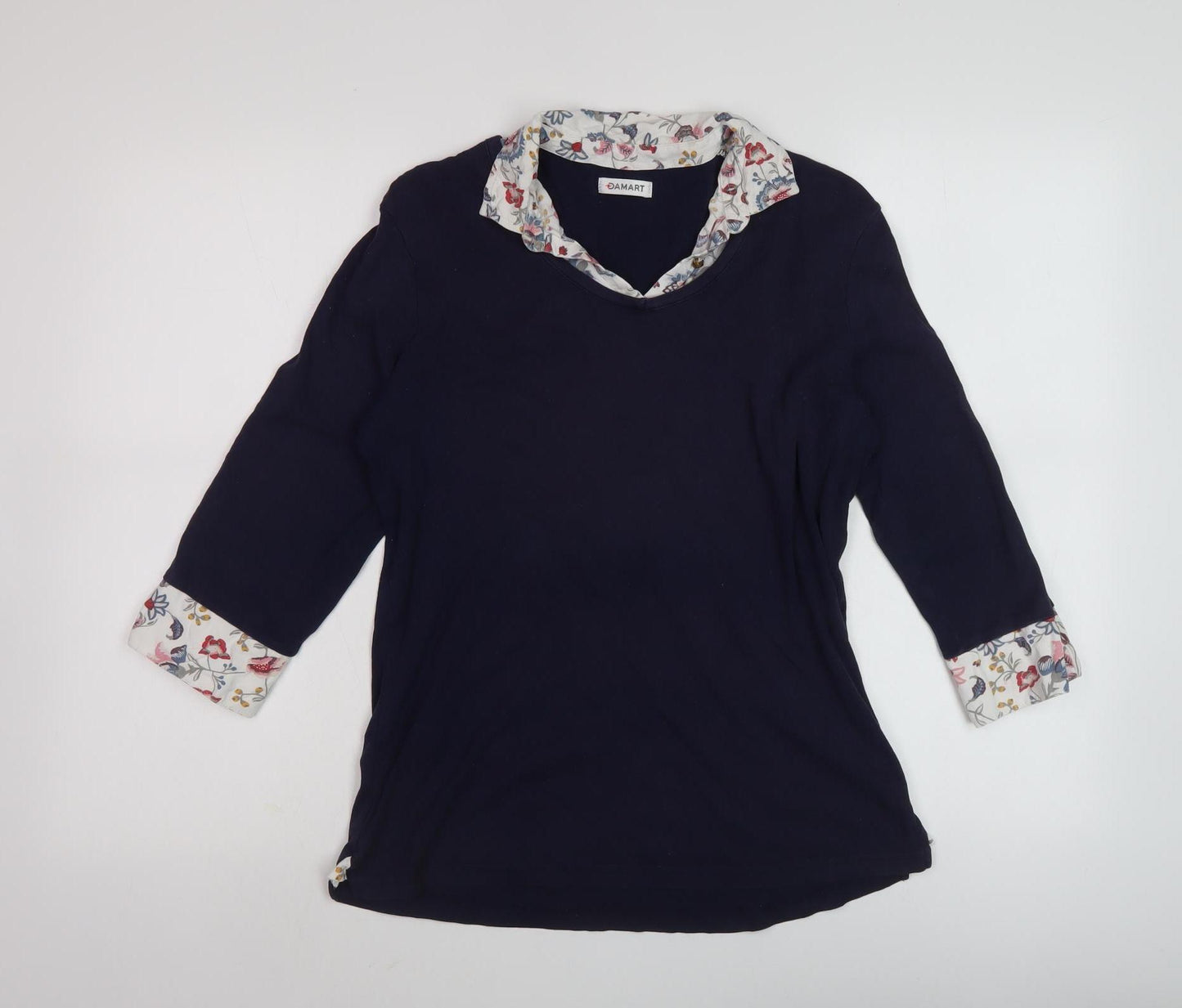 Damart Women's Black Floral Collared Blouse 3/4 Sleeve