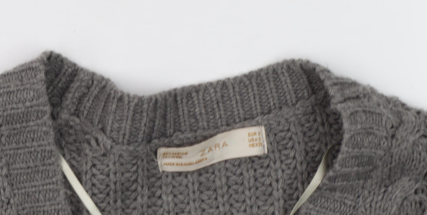 Zara Women's Grey V-Neck Chunky Cardigan S