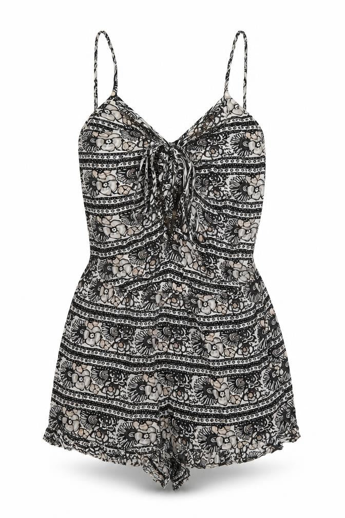 Front view of American Eagle Women’s Black Floral Playsuit, Sleeveless, Size Regular