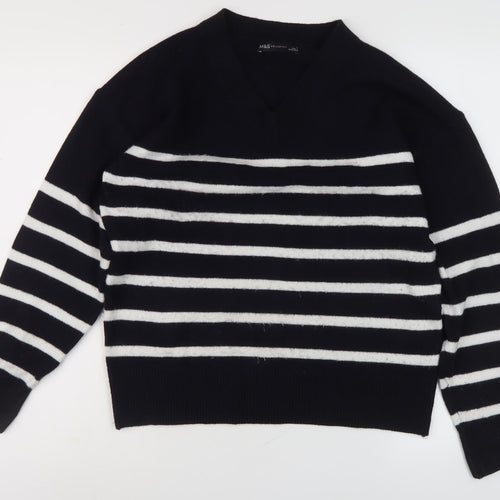 Marks and Spencer Women's Black Striped V-Neck Jumper