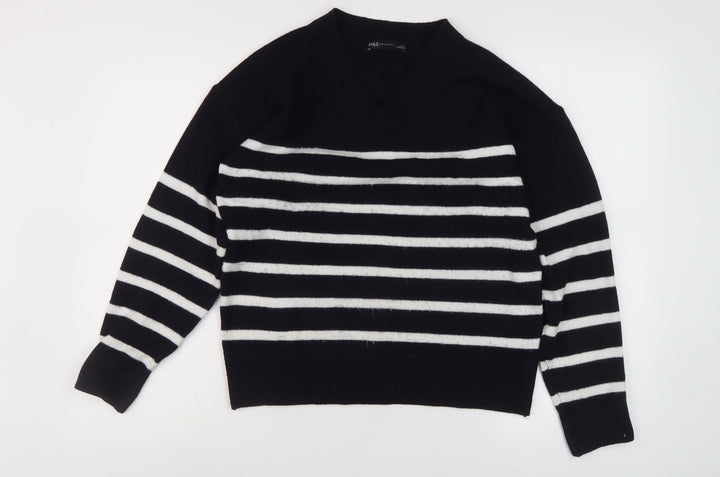Marks and Spencer Women's Black Striped V-Neck Jumper