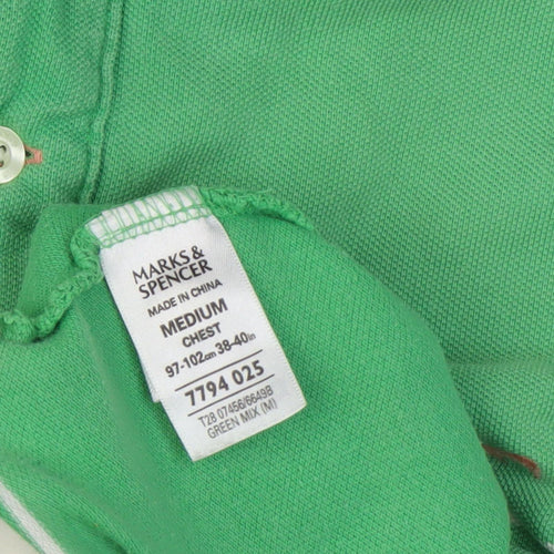 Marks and Spencer Men's Green Striped Polo Shirt M