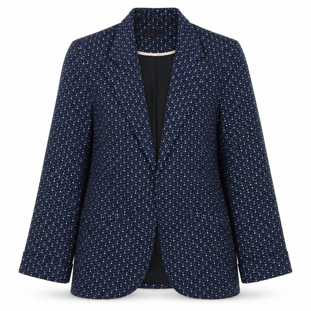 Front view of Topshop Women's Blue Geometric Blazer, size 10