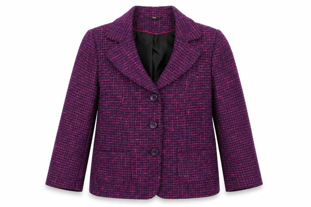 Front view of EWM Women's Purple Blazer, size 12, Bouclé Houndstooth