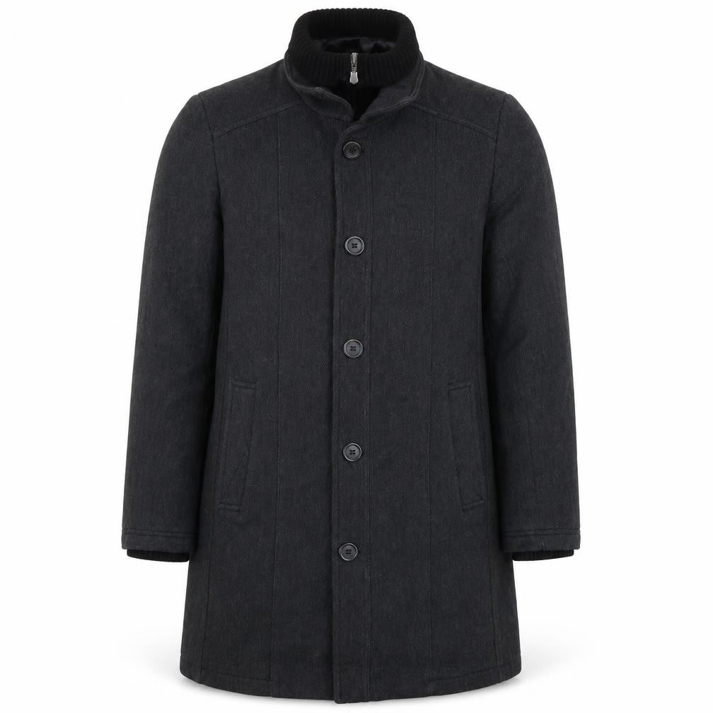 Front view of Zara Men’s Black Mid-Length Wool Overcoat, size L