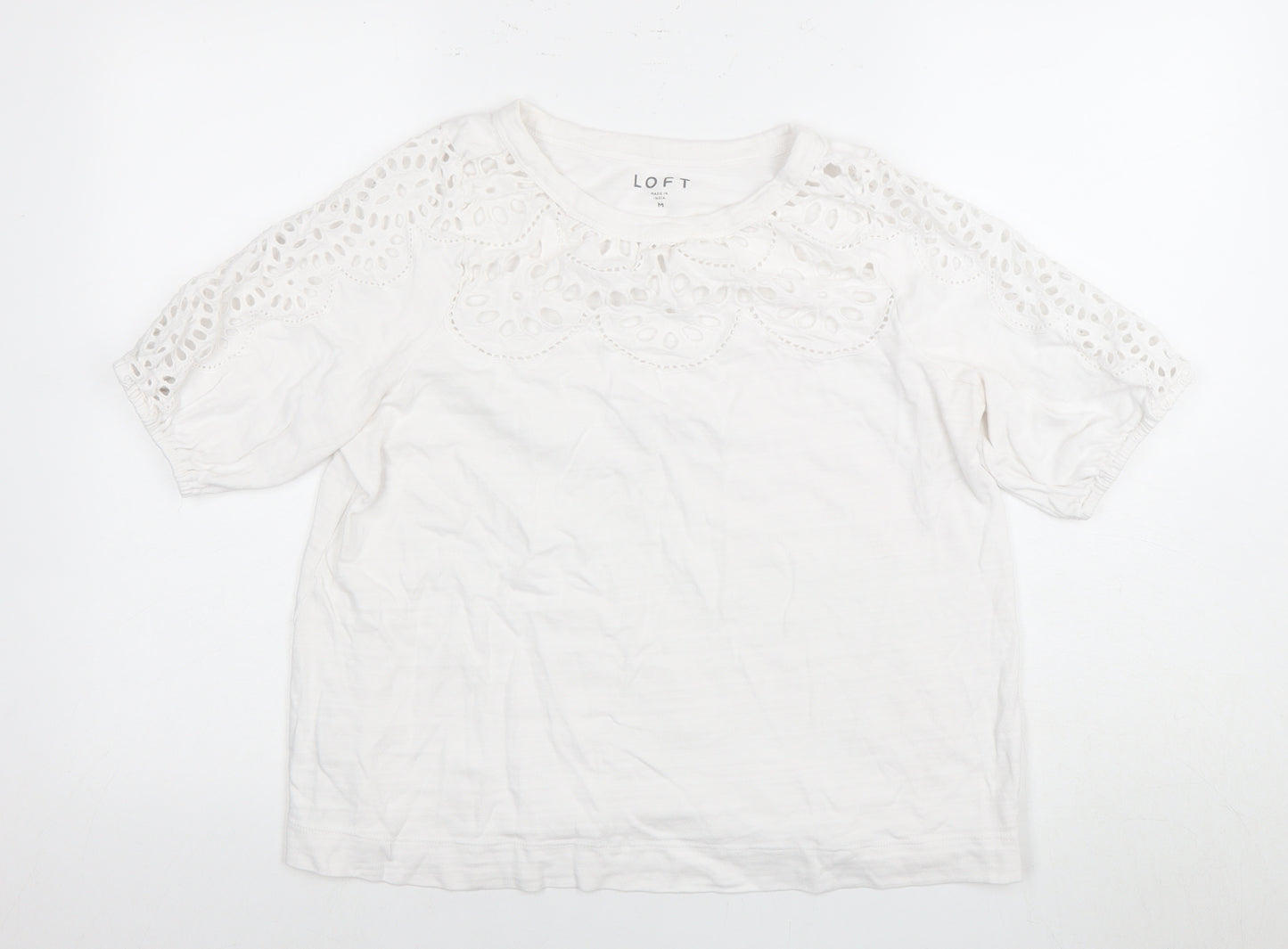 LOFT Women's White Cotton Crochet Sleeve Top M
