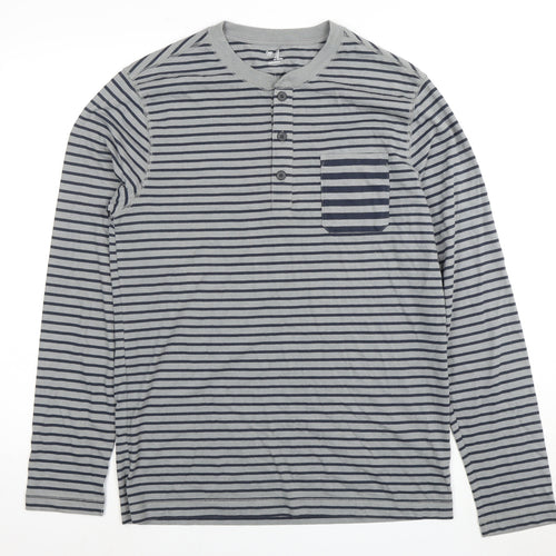 Gap Men's Grey Striped Henley Long Sleeve T-Shirt M