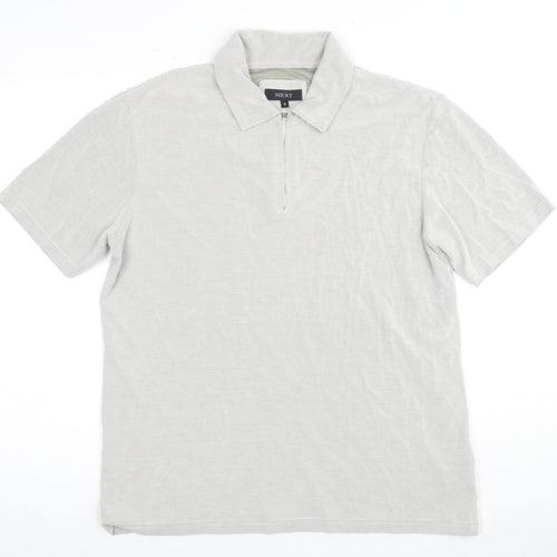 Next Men's Grey Striped Polo M Short Sleeve 1/4 Zip