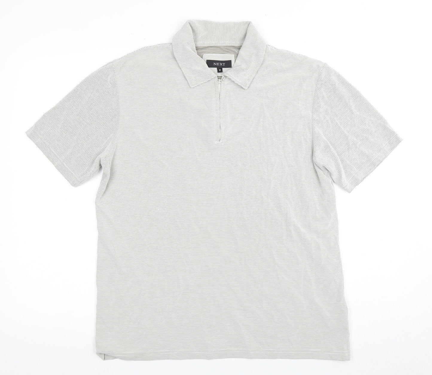 Next Men's Grey Striped Polo M Short Sleeve 1/4 Zip