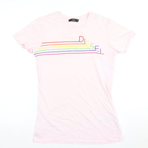 Diesel Women's Pink Crew Neck Rainbow T-Shirt - Size L