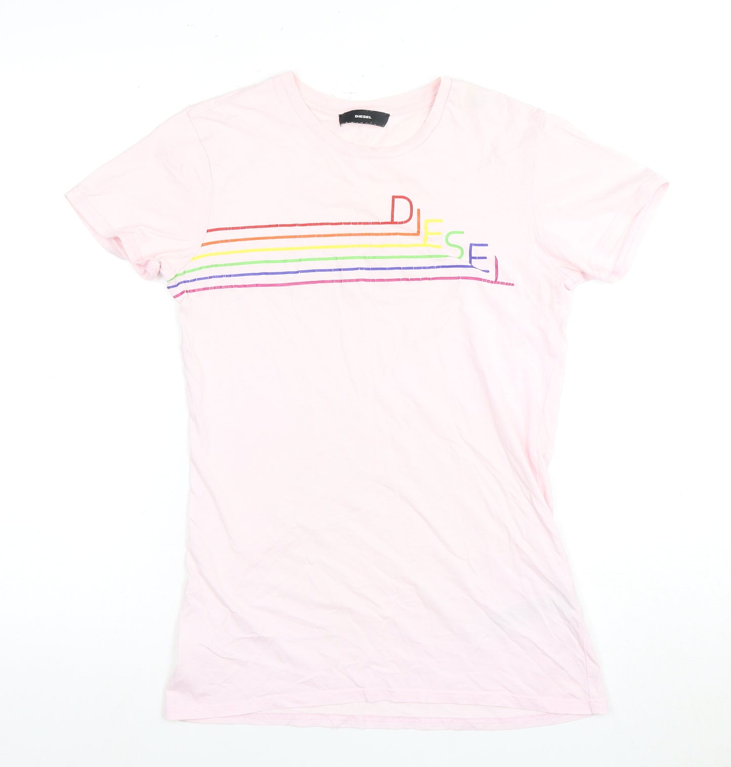 Diesel Women's Pink Crew Neck Rainbow T-Shirt - Size L