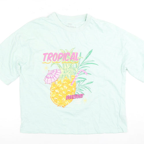 Marks and Spencer Girls Mint Green T-Shirt Size 3 Tropical Print