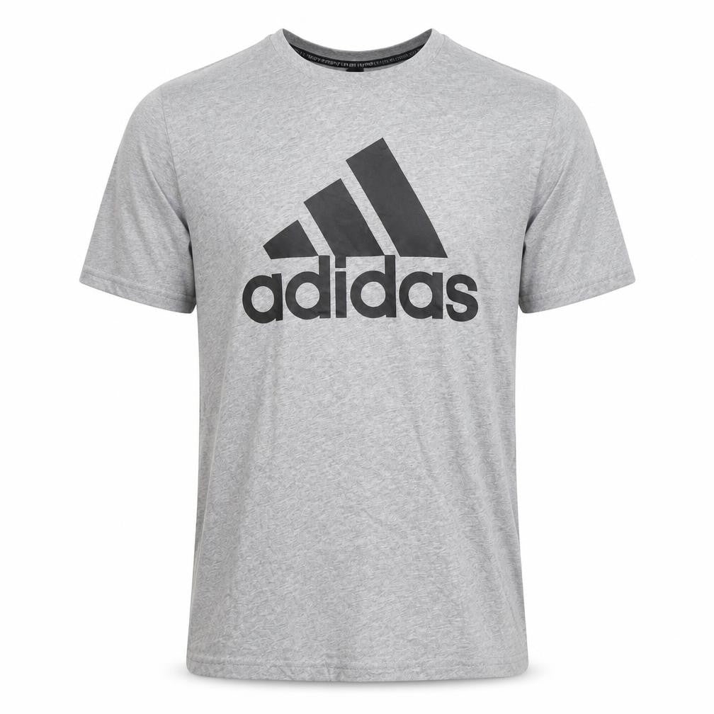 Front view of Adidas Men's Grey Cotton T-Shirt, size L, Logo Accent