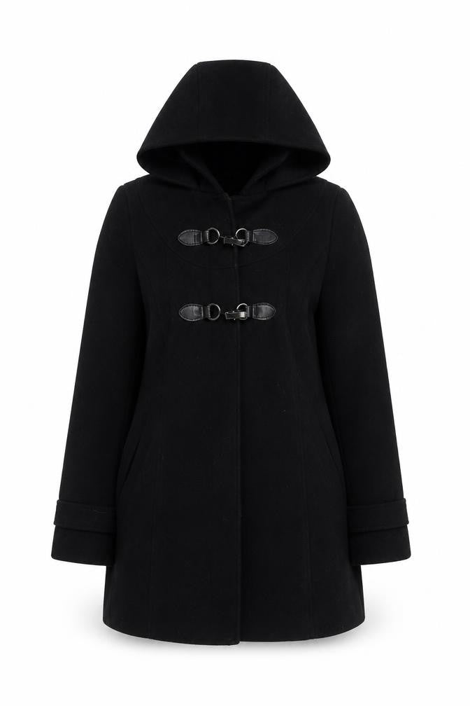 Front view of Next Women's Black Duffel Coat, size 8, Petites Hooded