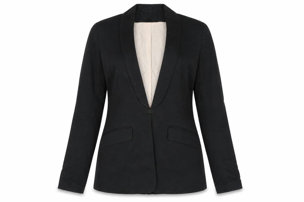 Front view of H & M Women's Black Blazer Shawl Lapel, size 8, Classic Fit