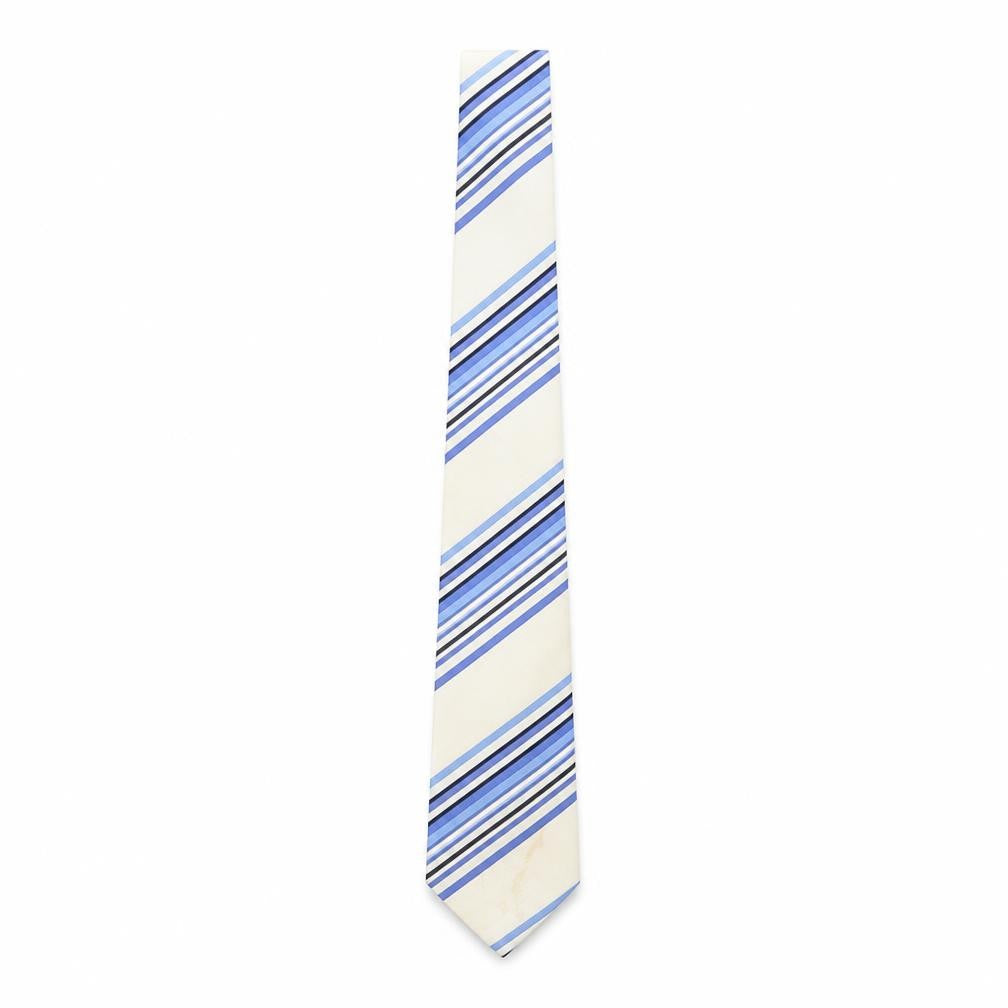 Front view of Jeff Banks Men's Blue Ivory Striped Silk Tie