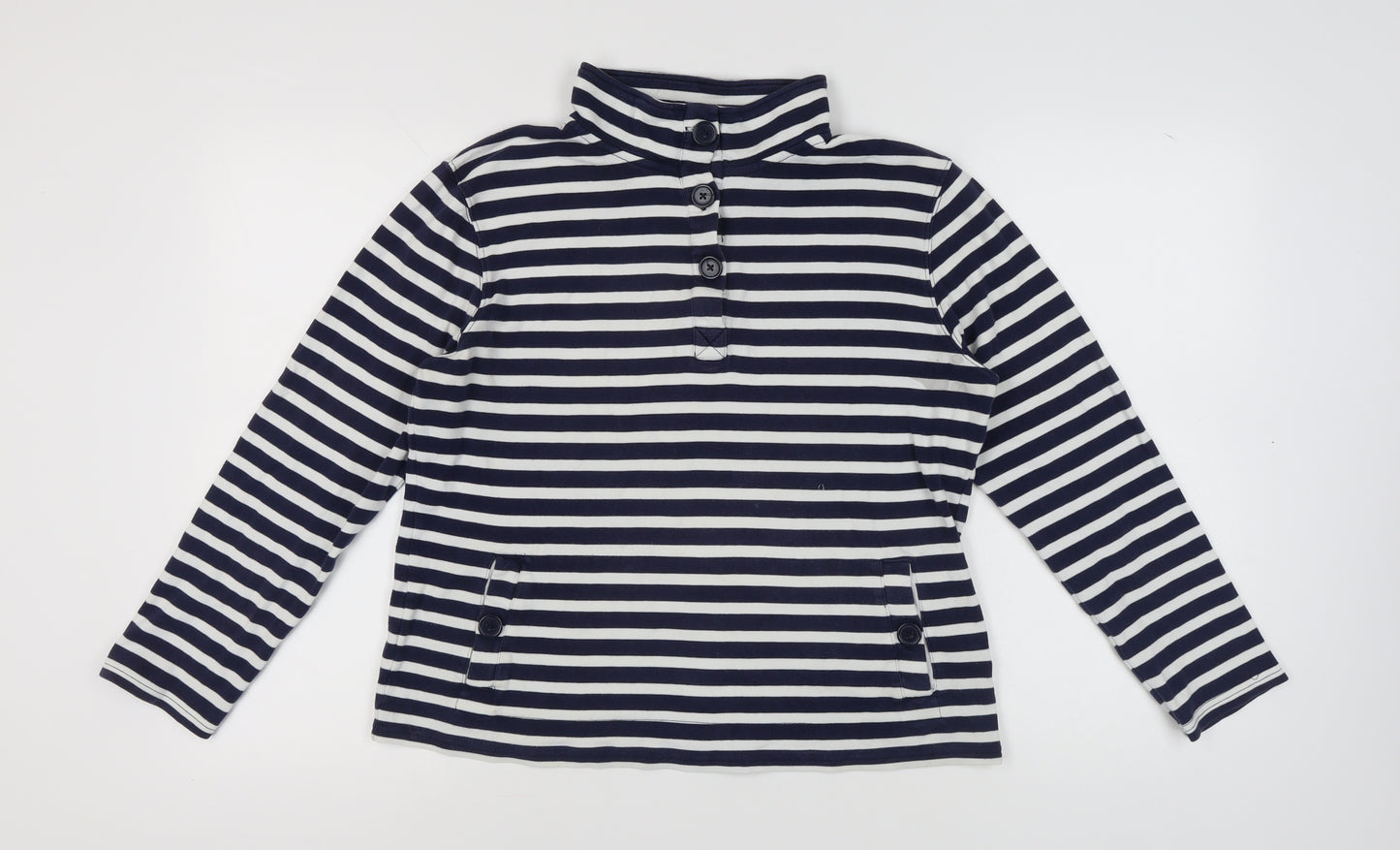 Cotton Traders Women's Navy Striped Henley Sweatshirt M