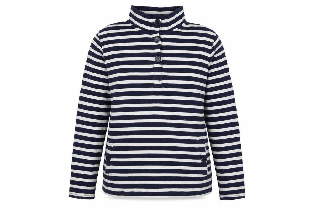 Front view of Cotton Traders Women's Navy Striped Henley Sweatshirt M